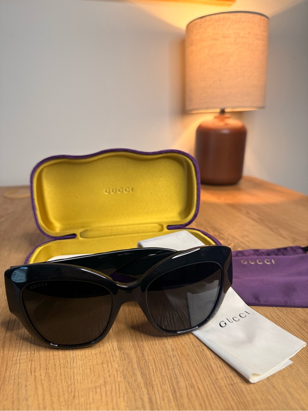 Y2K Gucci Black Cat-Eye Sunglasses with Purple & Yellow Case